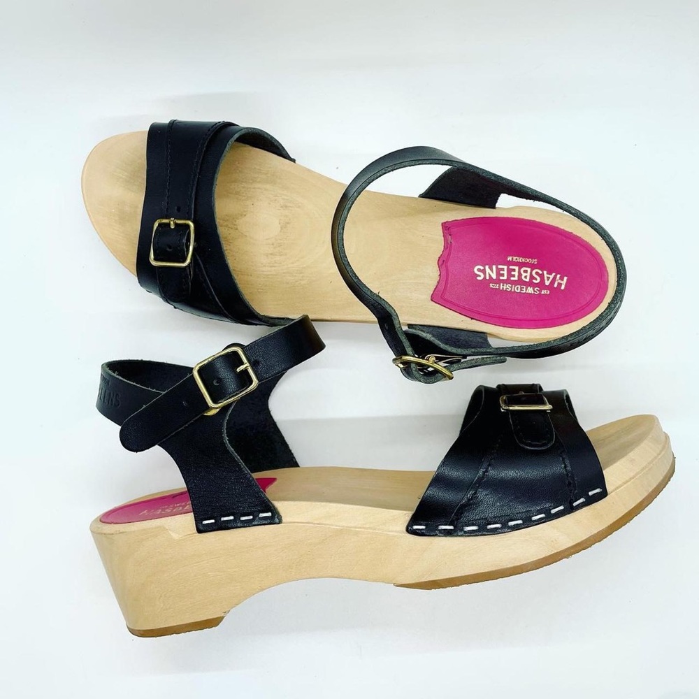 Rare Swedish Hasbeens black leather sandal with ankle strap, sz 36/6/6.5